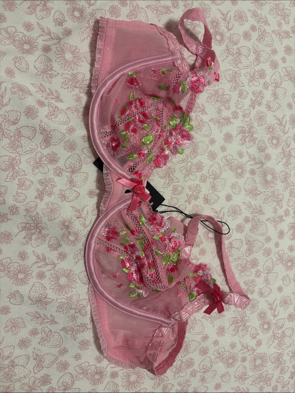 Pink Floral Embroidered Sheer Underwire Bra